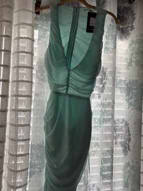 Sleeveless Ruched V-Neck Midi Dress in Mint Green